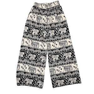Elephant‎ Print Wide Leg Boho Pants Black White Smocked Waist Festival Culottes